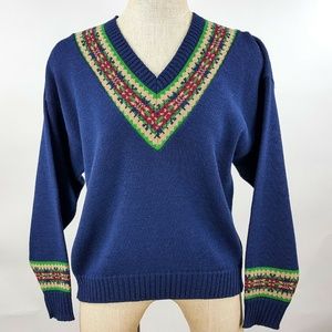 Pendelton LG Sweater VNeck Blue Virgin Wool Border